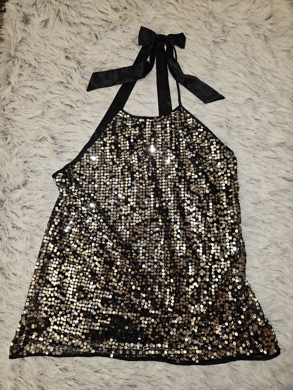 Black & Silver Sequin Halter Top Open Back Bow Detail Size Medium